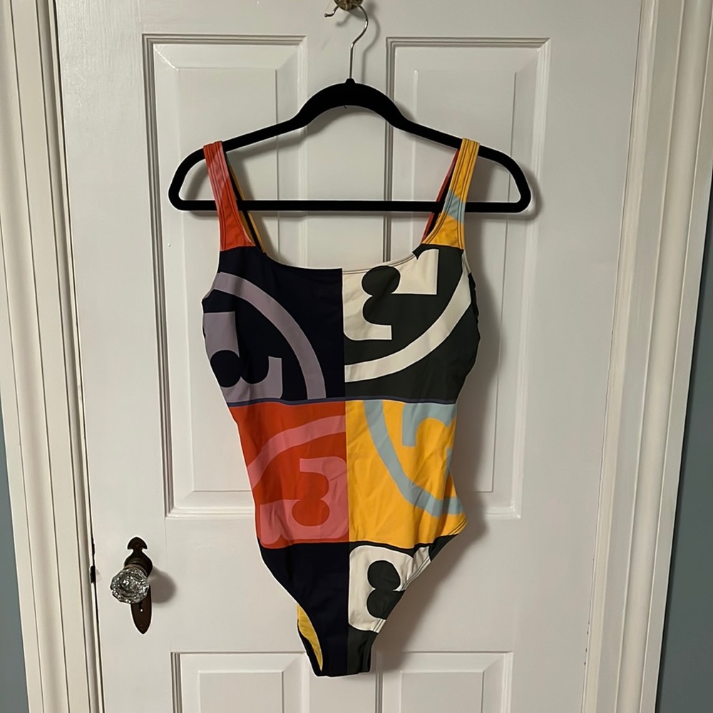 Tory Burch multi-color logo one piece bathing suit